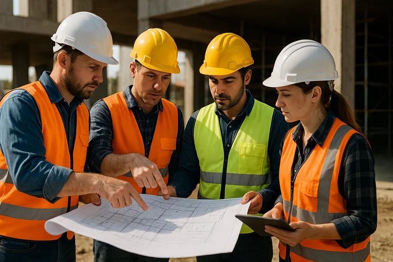 Equipe BTP en réunion de chantier